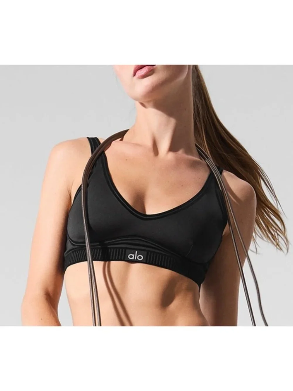 Alo Airlift Line Up Bra Black Padded Velvet Striped Sports Crop Top Bralette S